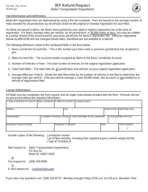Form ITD3549 Irp Refund Request - Idaho