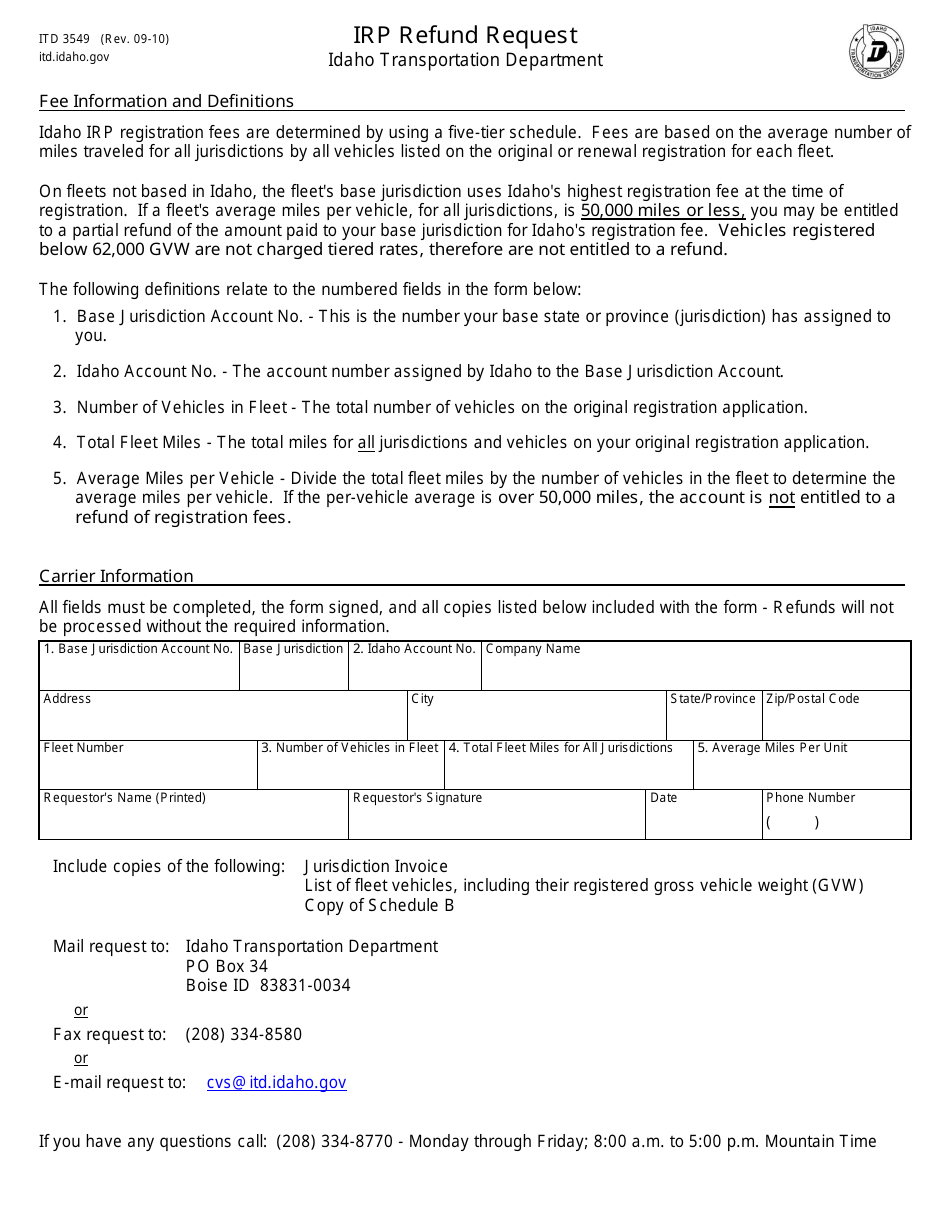 Form ITD3549 Irp Refund Request - Idaho, Page 1