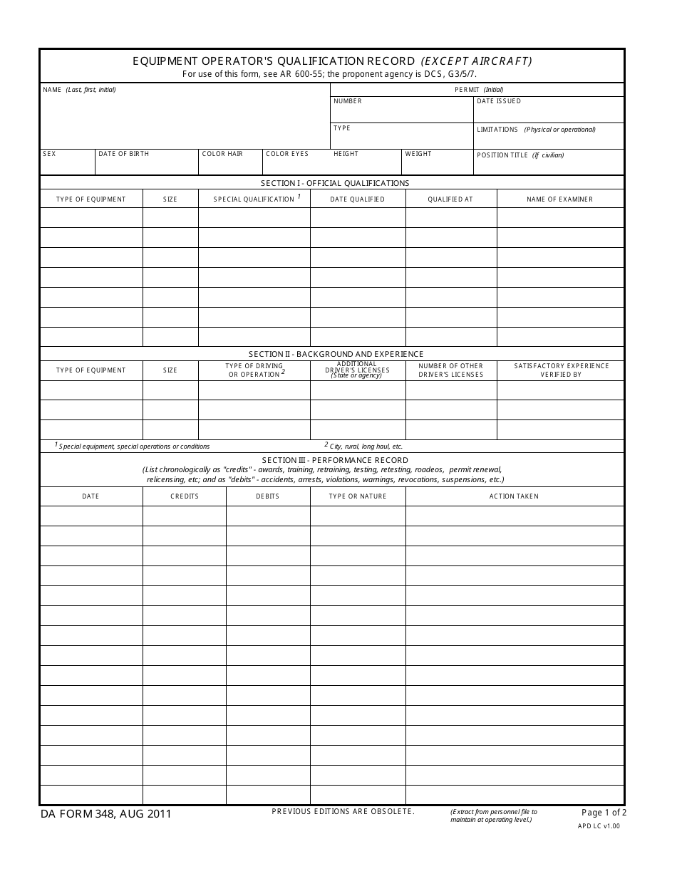 DA Form 348 Equipment Operators Qualification Record (Except Aircraft), Page 1