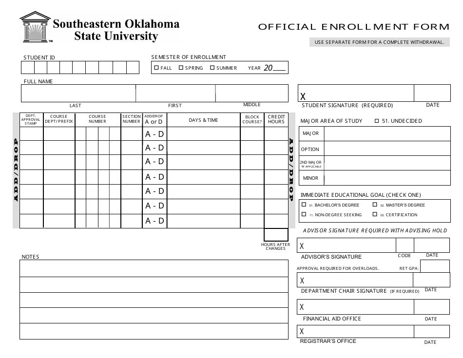 Official Enrollment Form - Southeastern Oklahoma State University - Oklahoma, Page 1