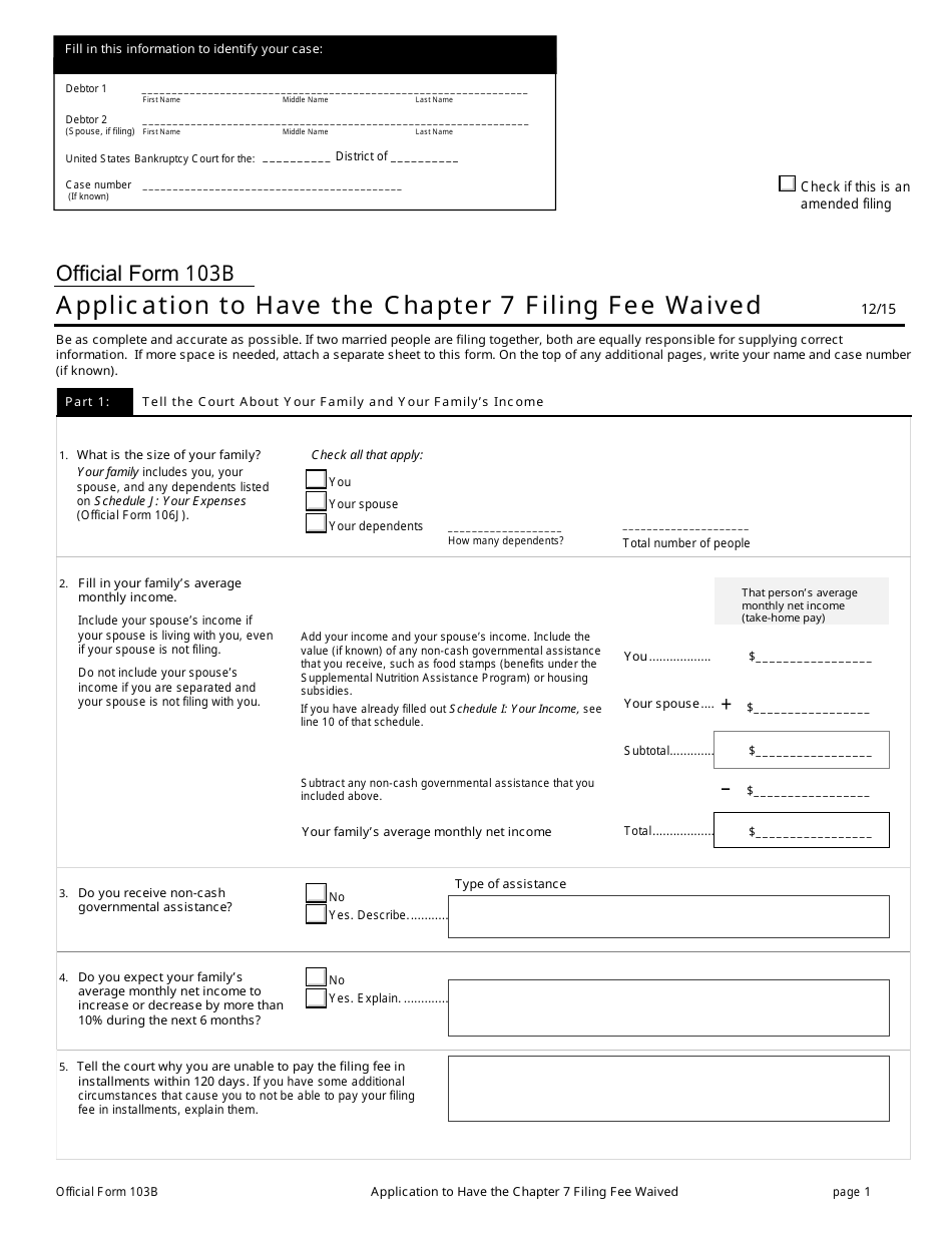 Official Form 103B Application to Have the Chapter 7 Filing Fee Waived, Page 1
