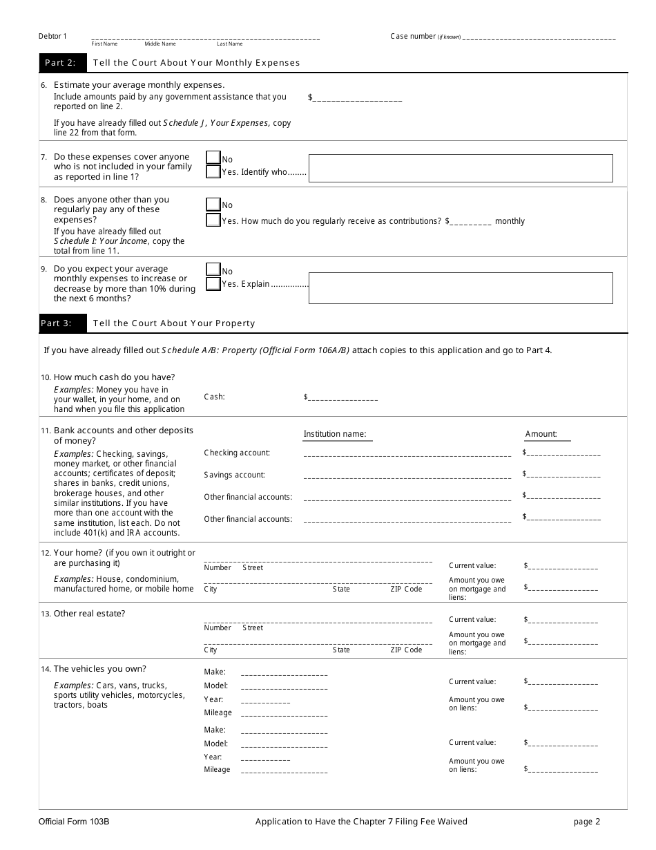 Official Form 103B Download Fillable PDF or Fill Online Application to