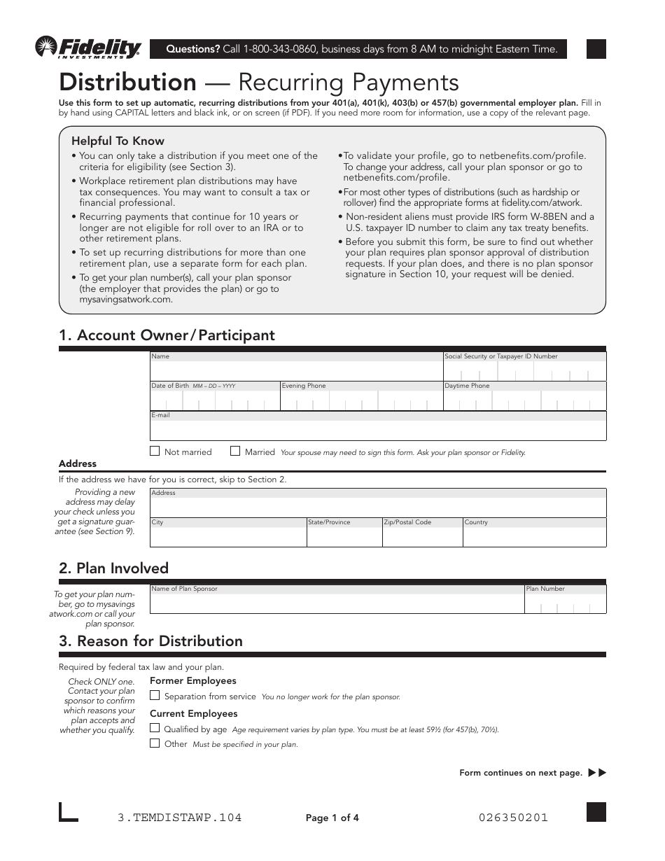Distribution - Recurring Payments Form - Fidelity Investments, Page 1
