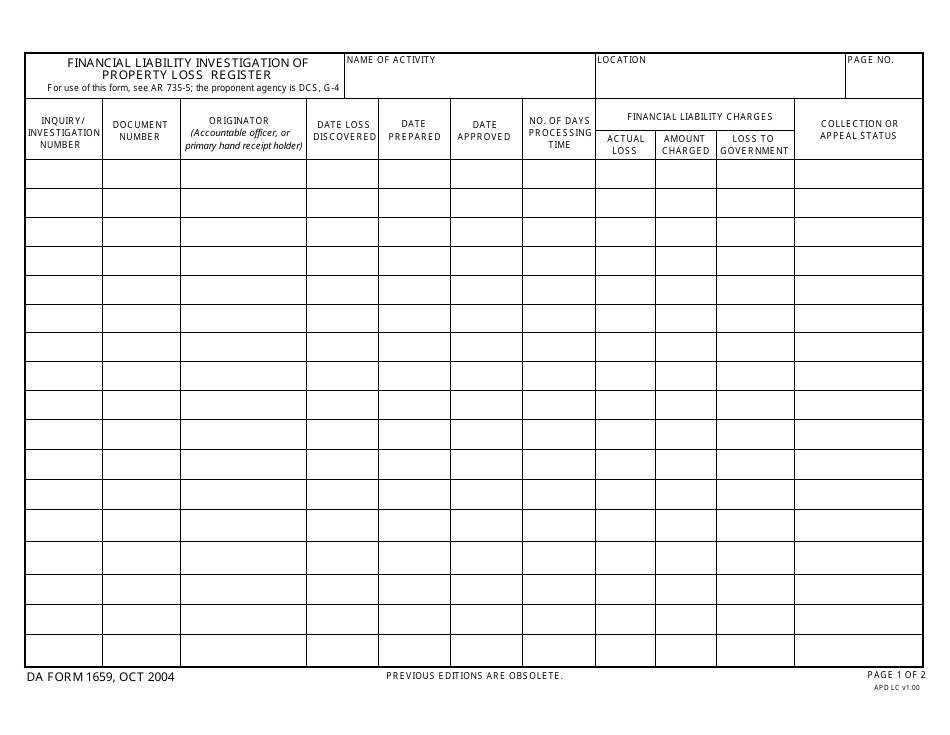 DA Form 1659 Financial Liability Investigation of Property Loss Register, Page 1