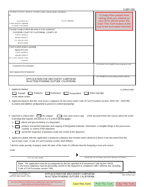 Form SUBP-030 Application for Discovery Subpoena in Action Pending Outside California - California