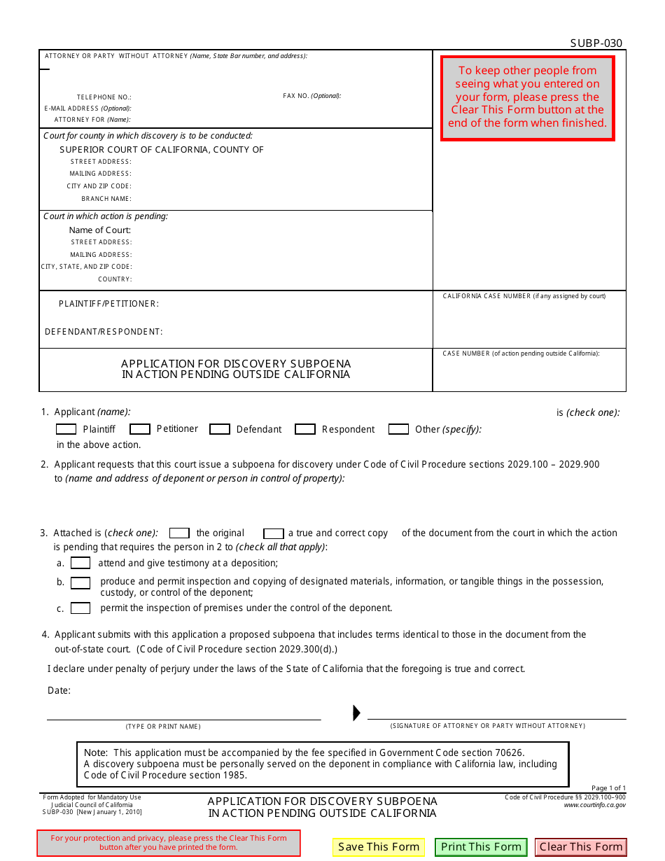 Form SUBP-030 Application for Discovery Subpoena in Action Pending Outside California - California, Page 1