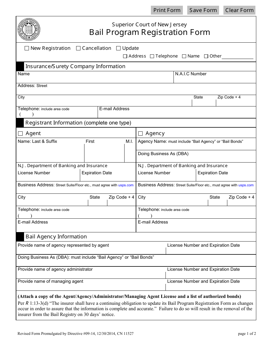 Form 11527 Bail Program Registration Form - New Jersey, Page 1