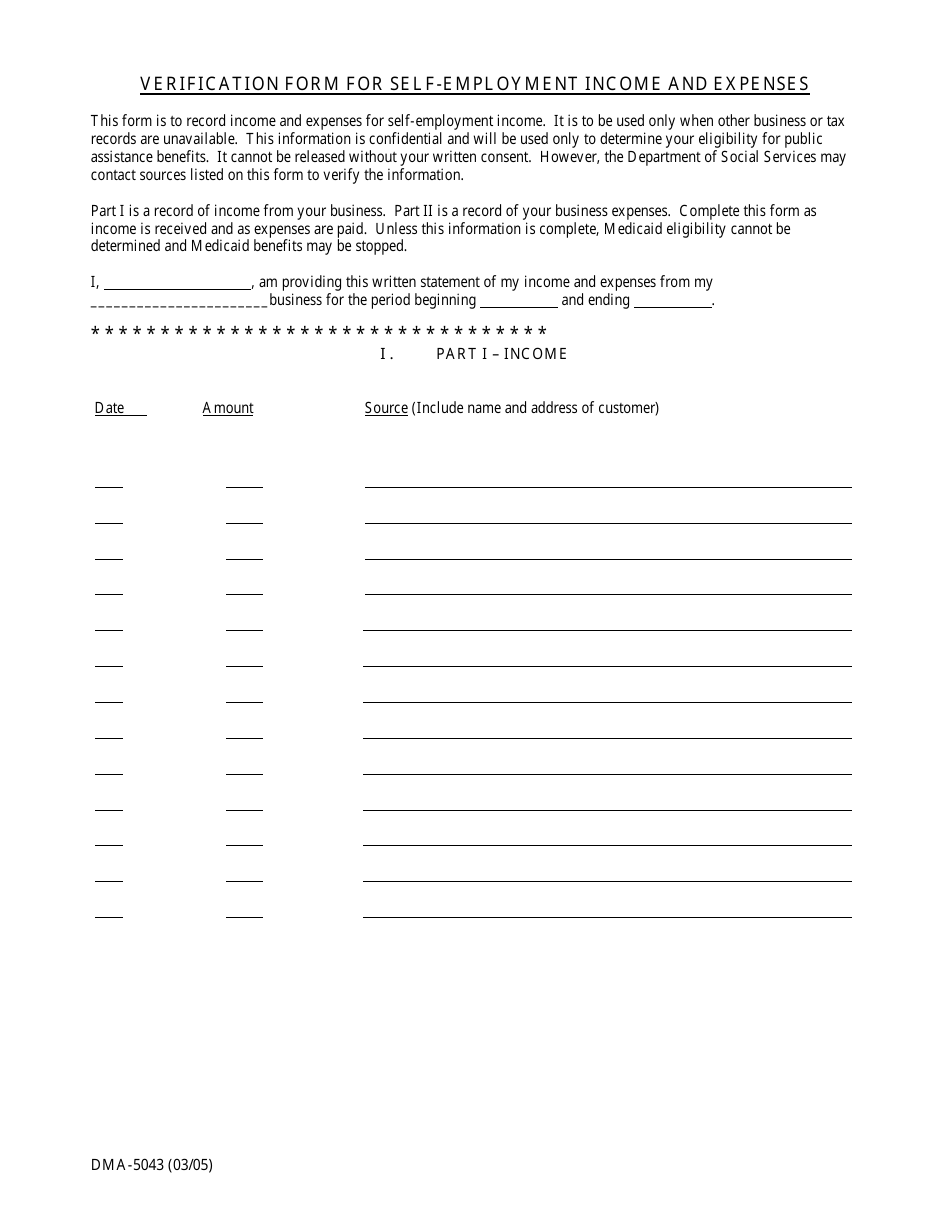 Form DMA-5043 Verification Form for Self-employment Income and Expenses - North Carolina, Page 1