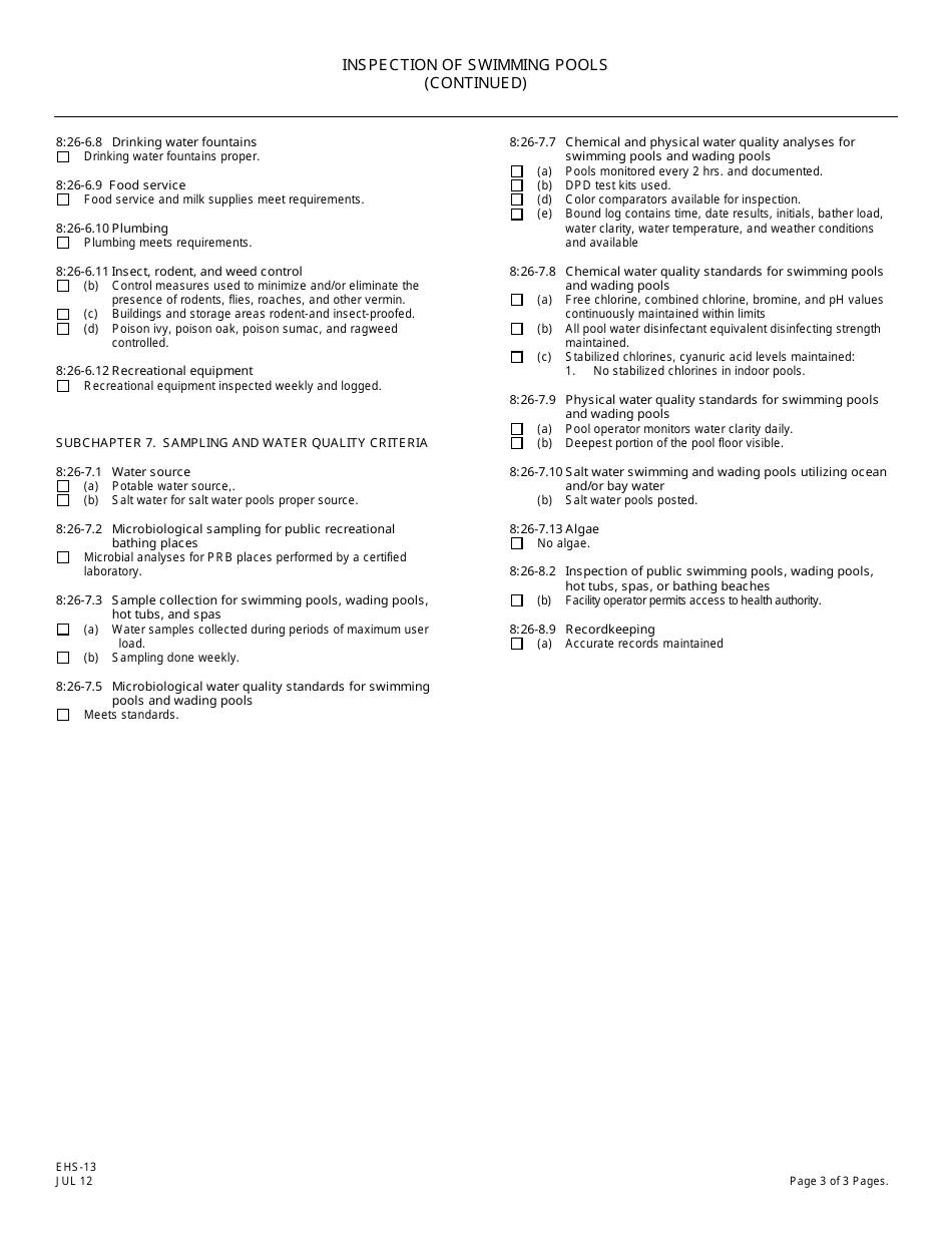 Form EHS-13 Inspection of Swimming Pools - New Jersey, Page 3