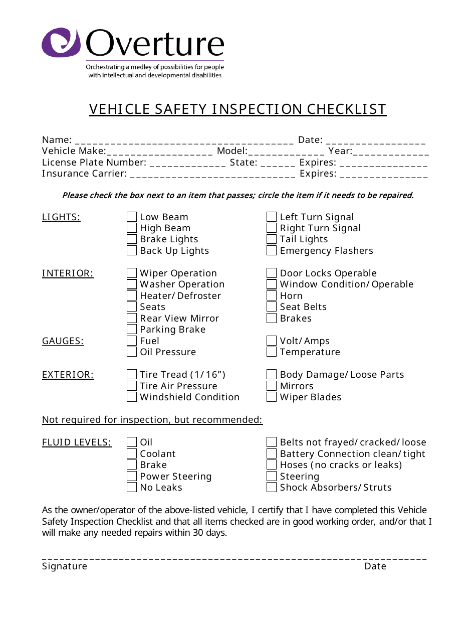 Vehicle Safety Inspection Checklist Template - Overture, Page 1