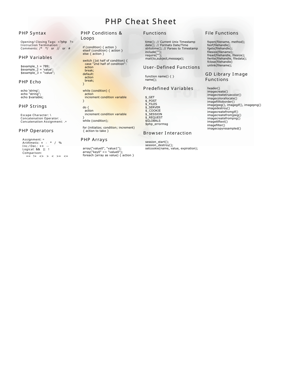 PHP Cheat Sheet Page Preview
