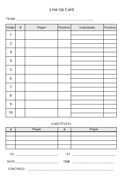 &quot;Baseball Line up Card Template&quot; Download Pdf