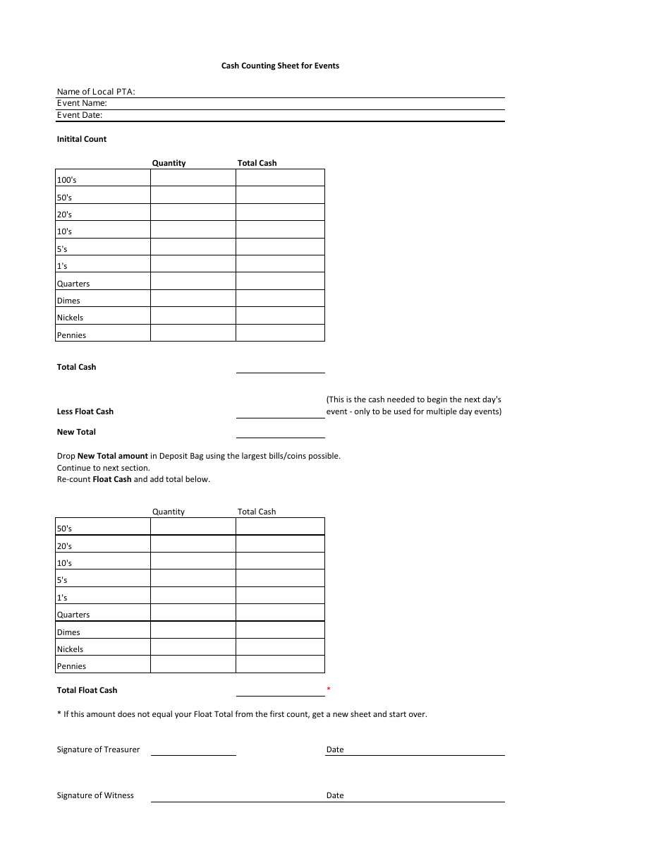 Cash Counting Sheet for Events Template Download Printable PDF