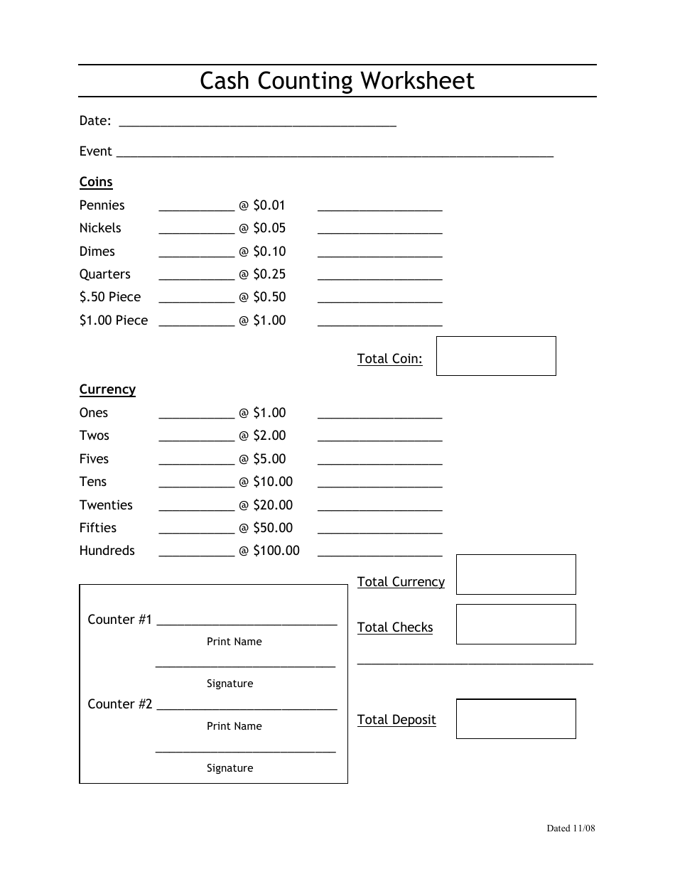 Cash Counting Worksheet Download Printable PDF Templateroller