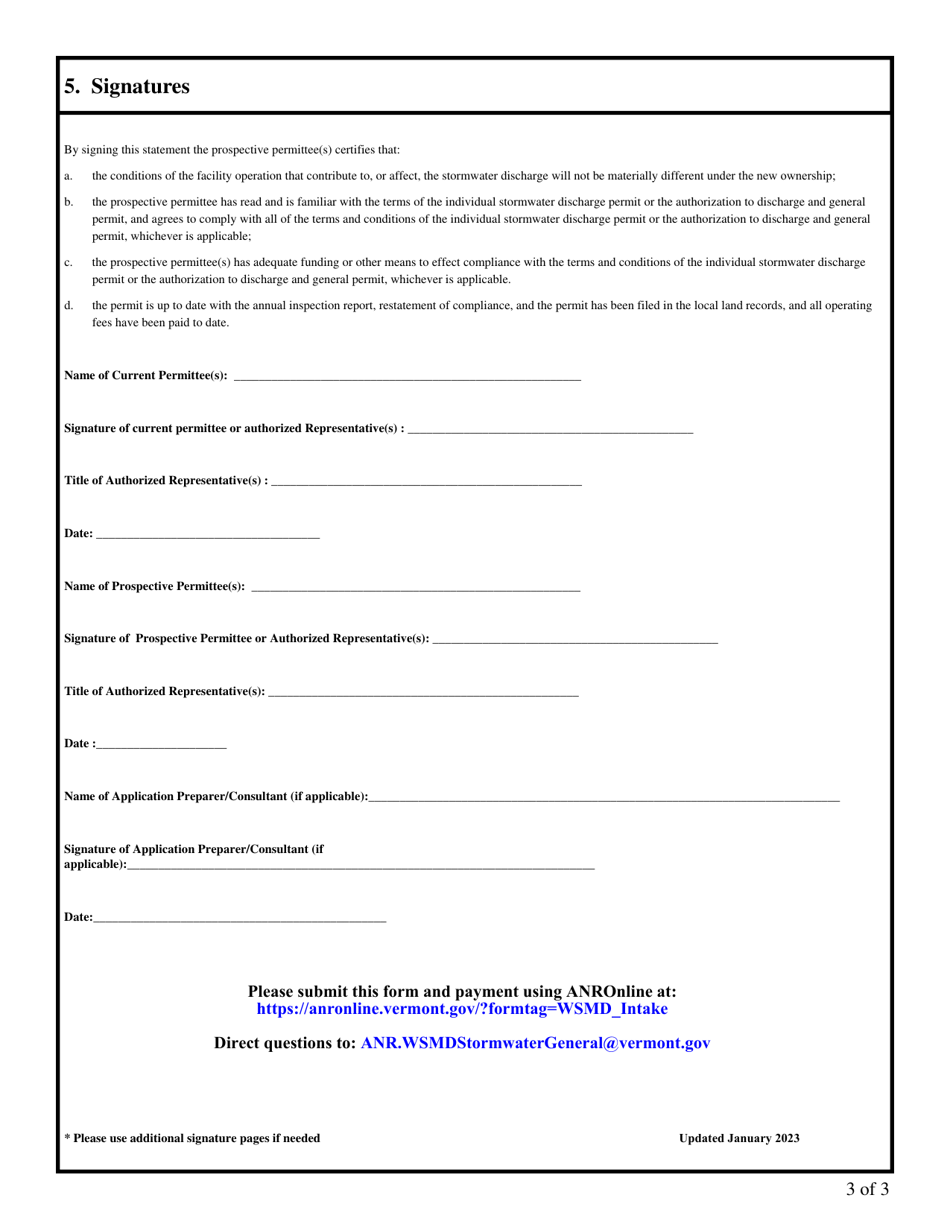 Vermont Application for Transfer of Operational Stormwater Permits
