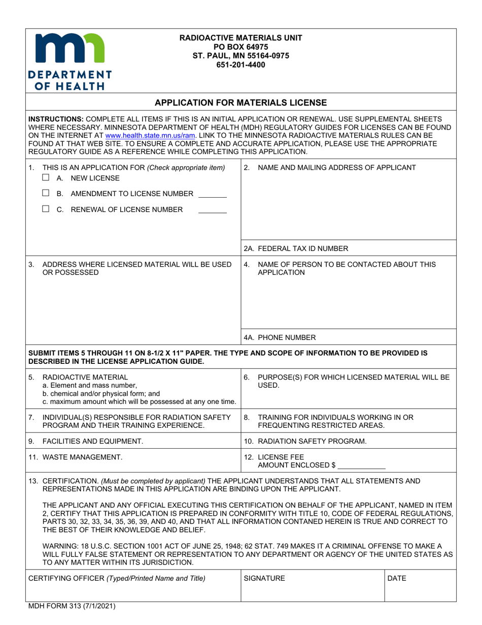 MDH Form 313 Application for Materials License - Minnesota, Page 1