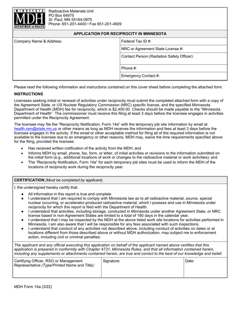 MDH Form 14A Application for Reciprocity in Minnesota - Minnesota