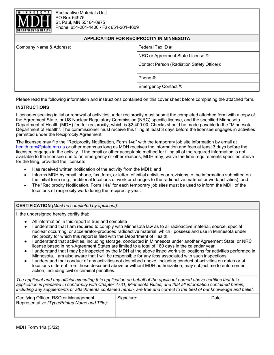MDH Form 14A Application for Reciprocity in Minnesota - Minnesota, Page 1