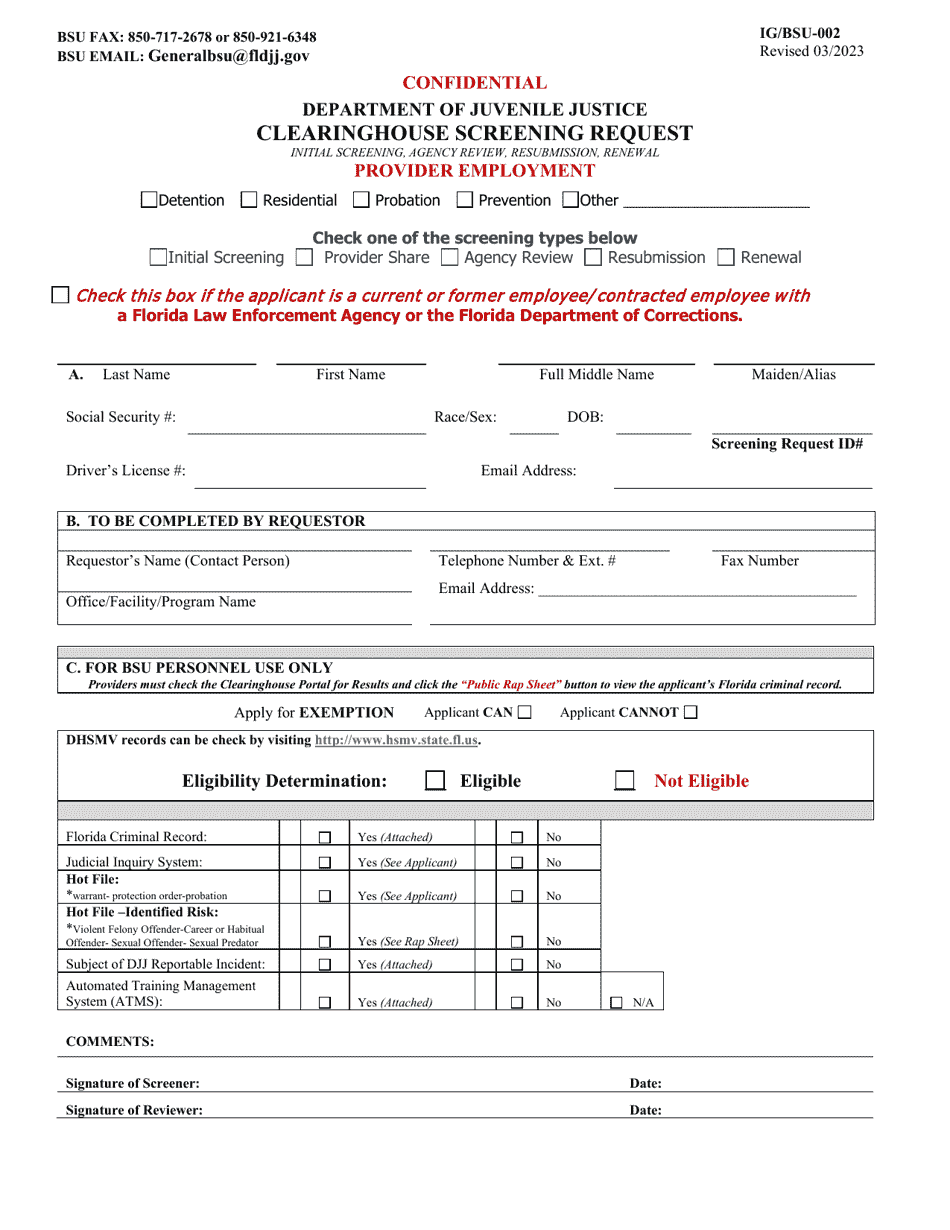 Form IG / BSU-002 Request for Clearinghouse Screening - Provider Employment - Florida, Page 1