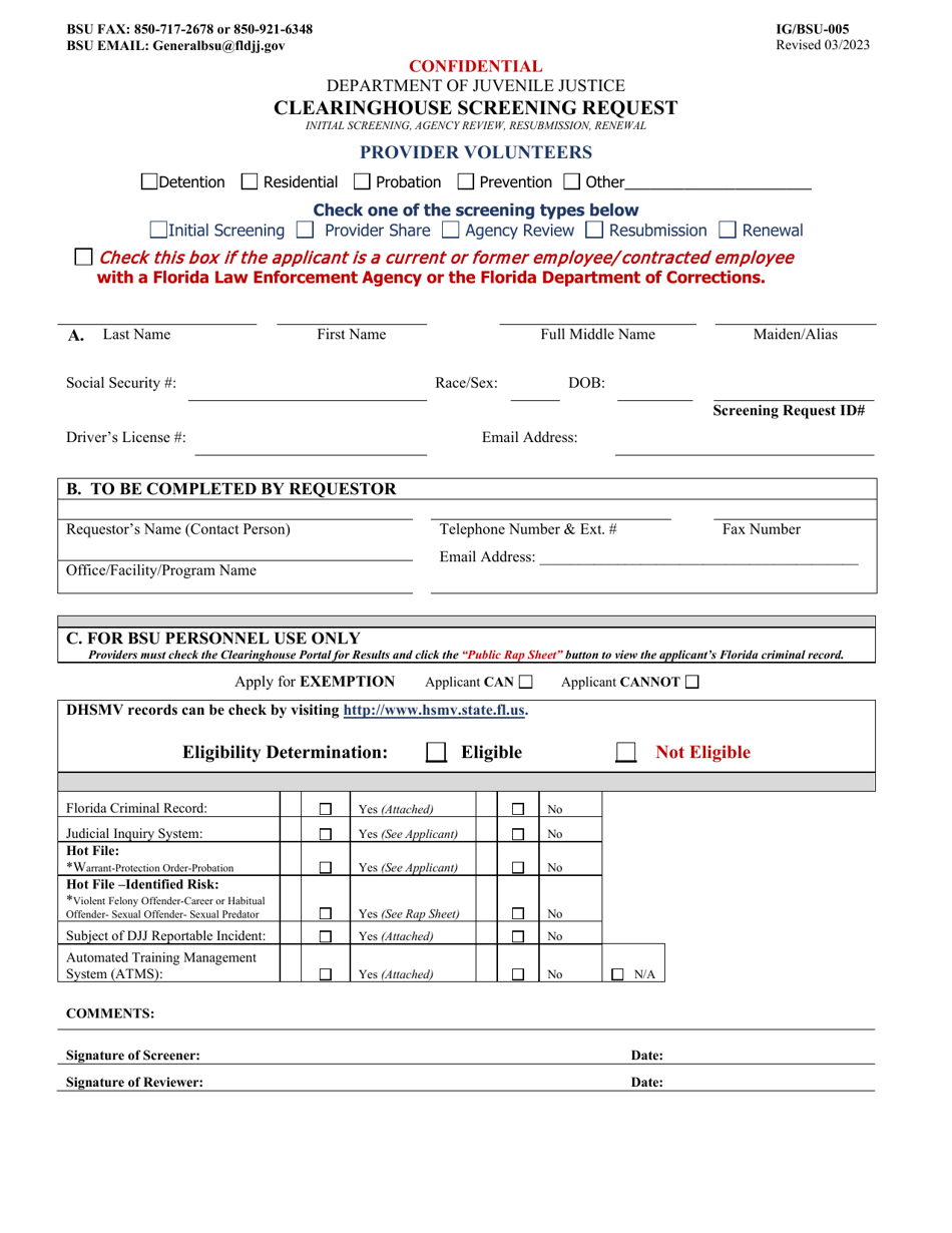 Form IG / BSU-005 Clearinghouse Screening Request - Florida, Page 1