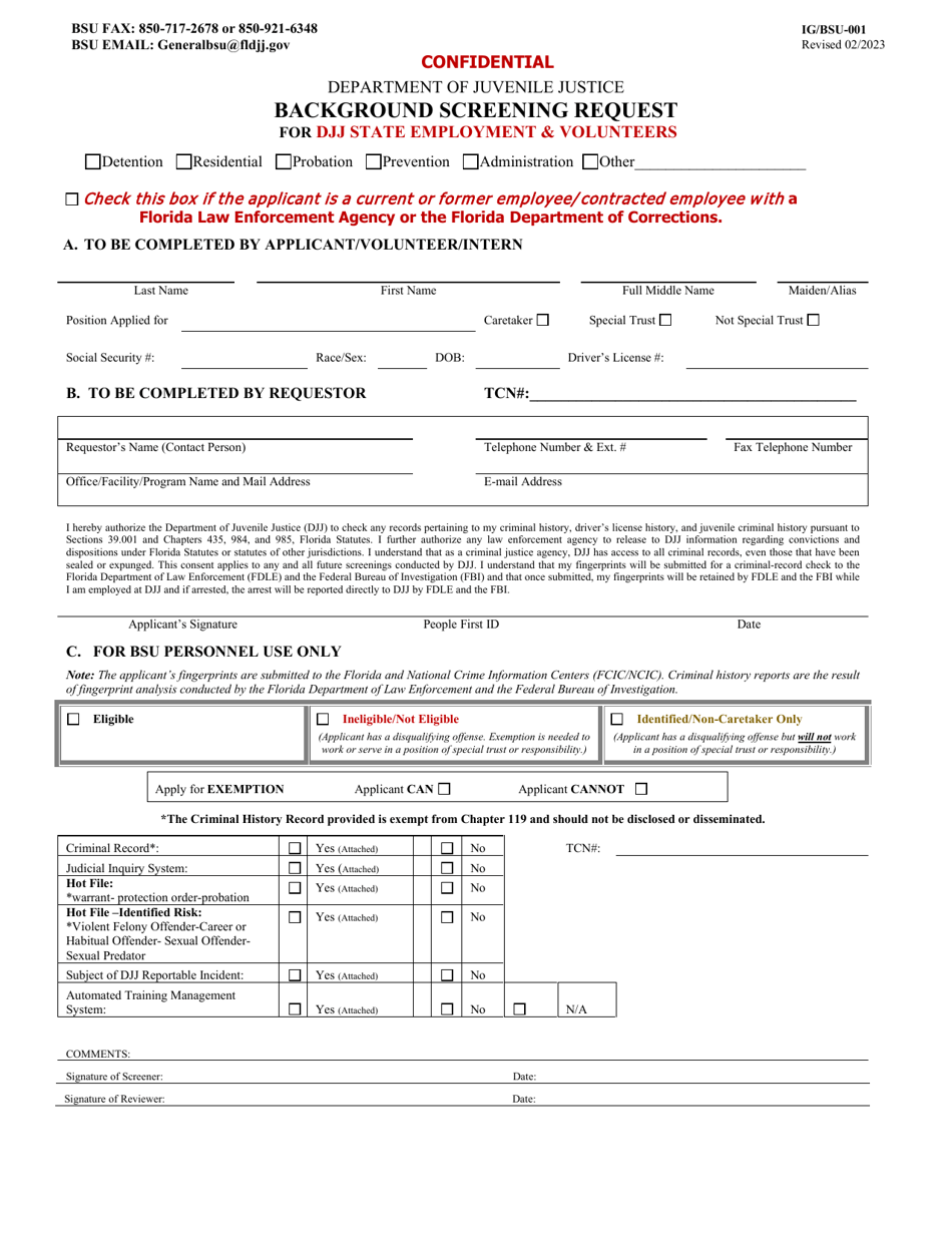 Form IG / BSU-001 Background Screening Request for DJJ State Employment  Volunteers - Florida, Page 1