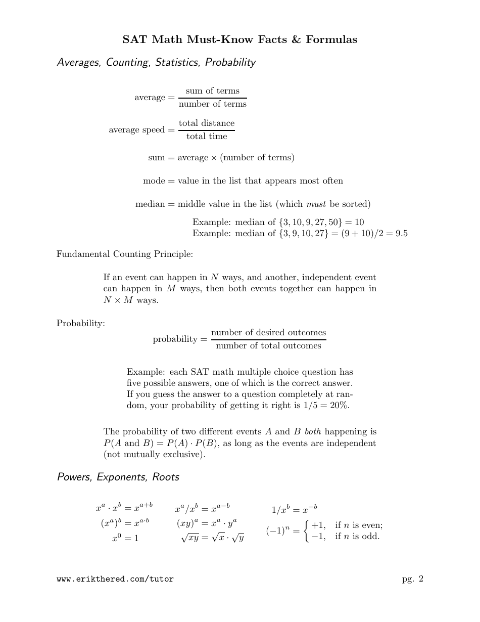 Sat Math Must-Know Facts  Formulas Cheat Sheet, Page 2