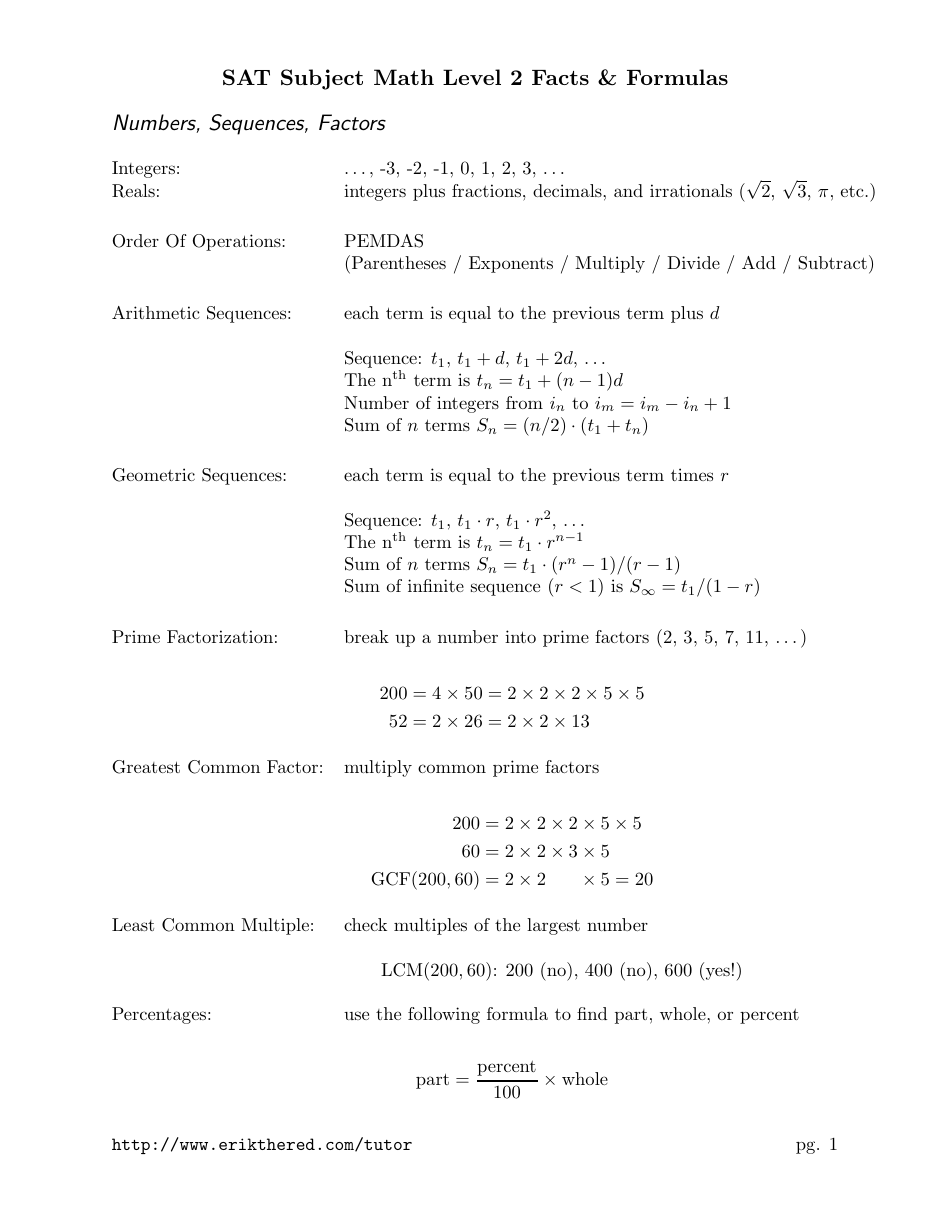 SAT math Level 2 cheat sheet - various formulas and concepts