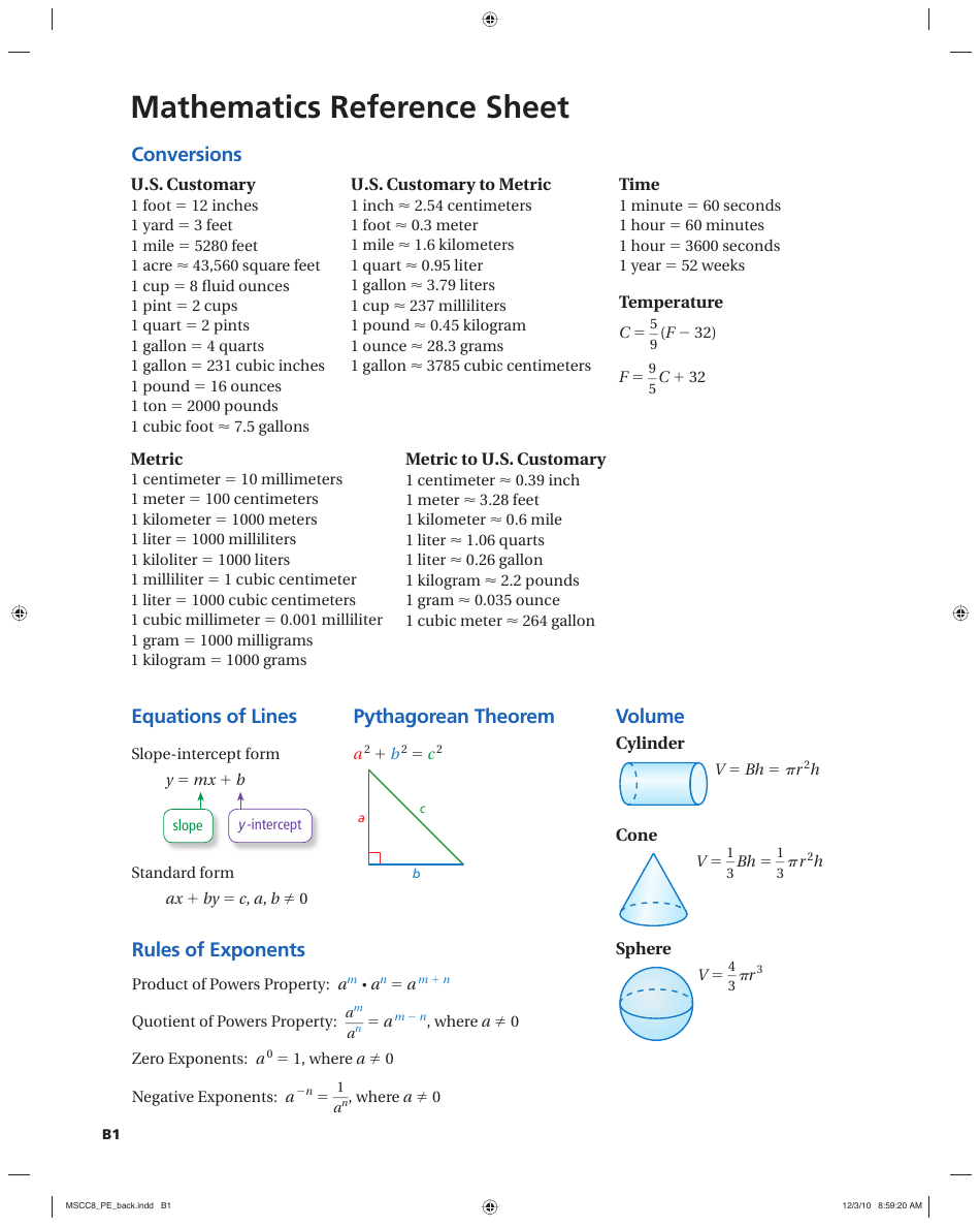 Mathematics Reference Sheet Download Printable PDF Templateroller