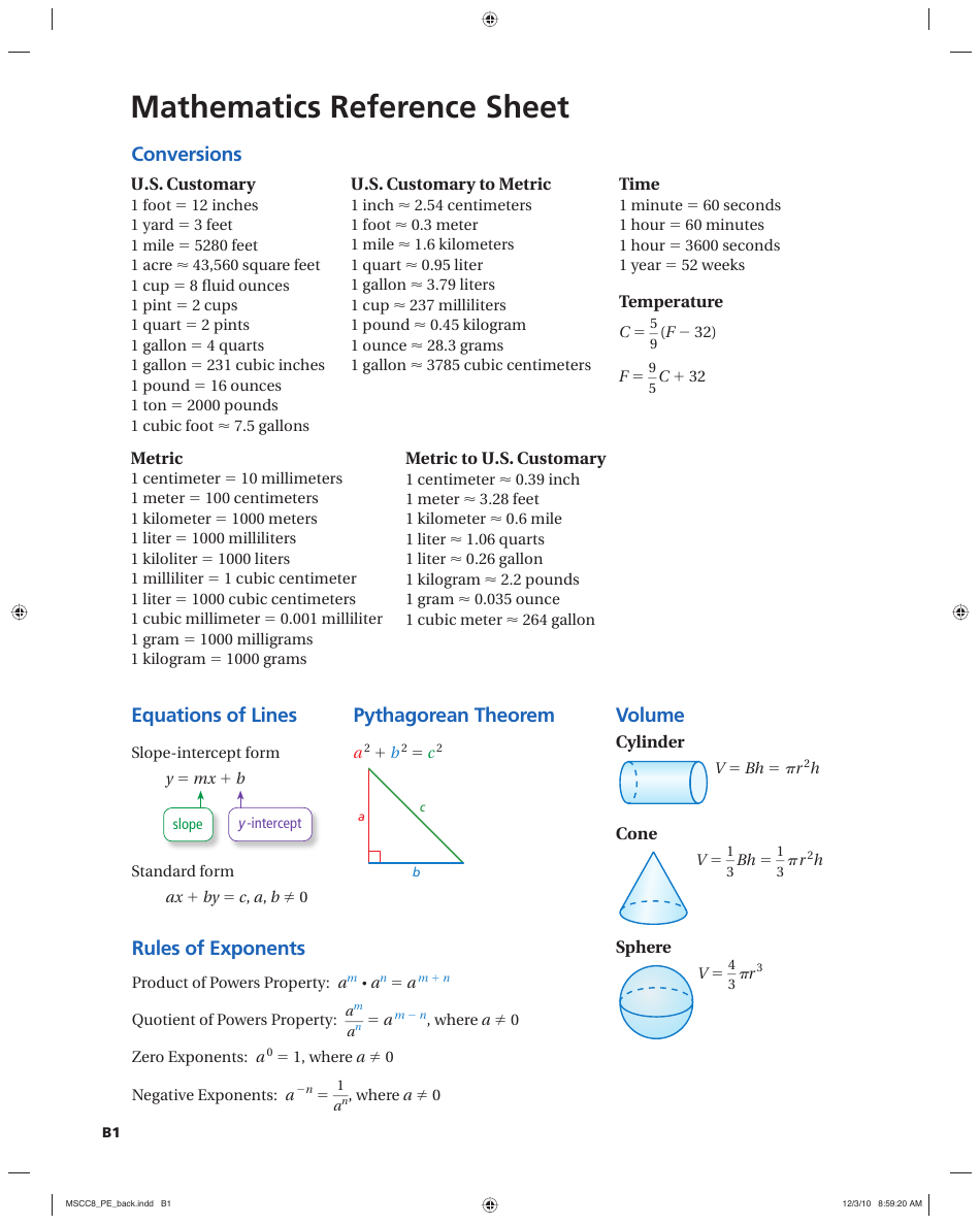 Mathematics reference sheet document preview