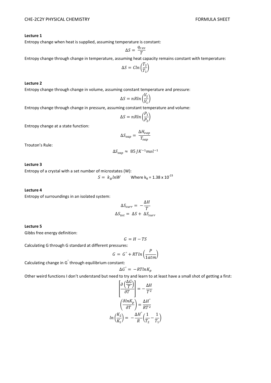 Physical Chemistry Formula Sheet - Template