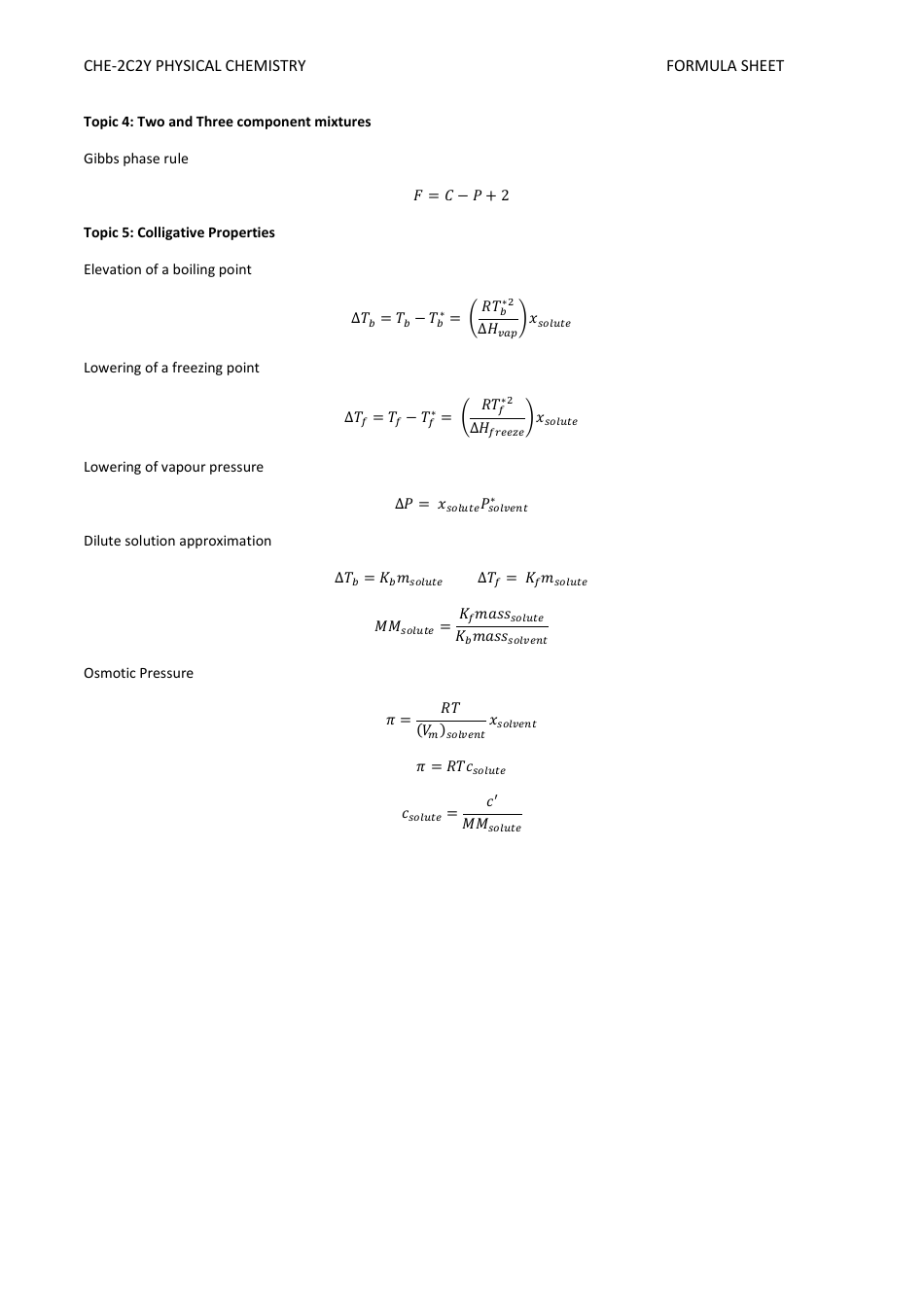 Physical Chemistry Formula Sheet Download Printable PDF | Templateroller