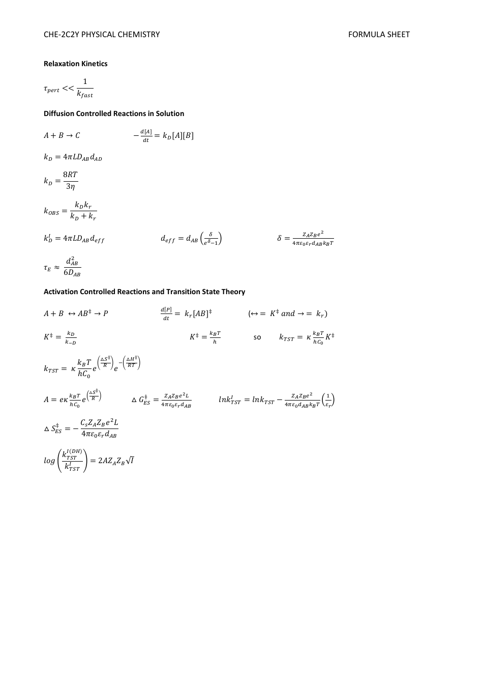 Physical Chemistry Formula Sheet Download Printable PDF | Templateroller