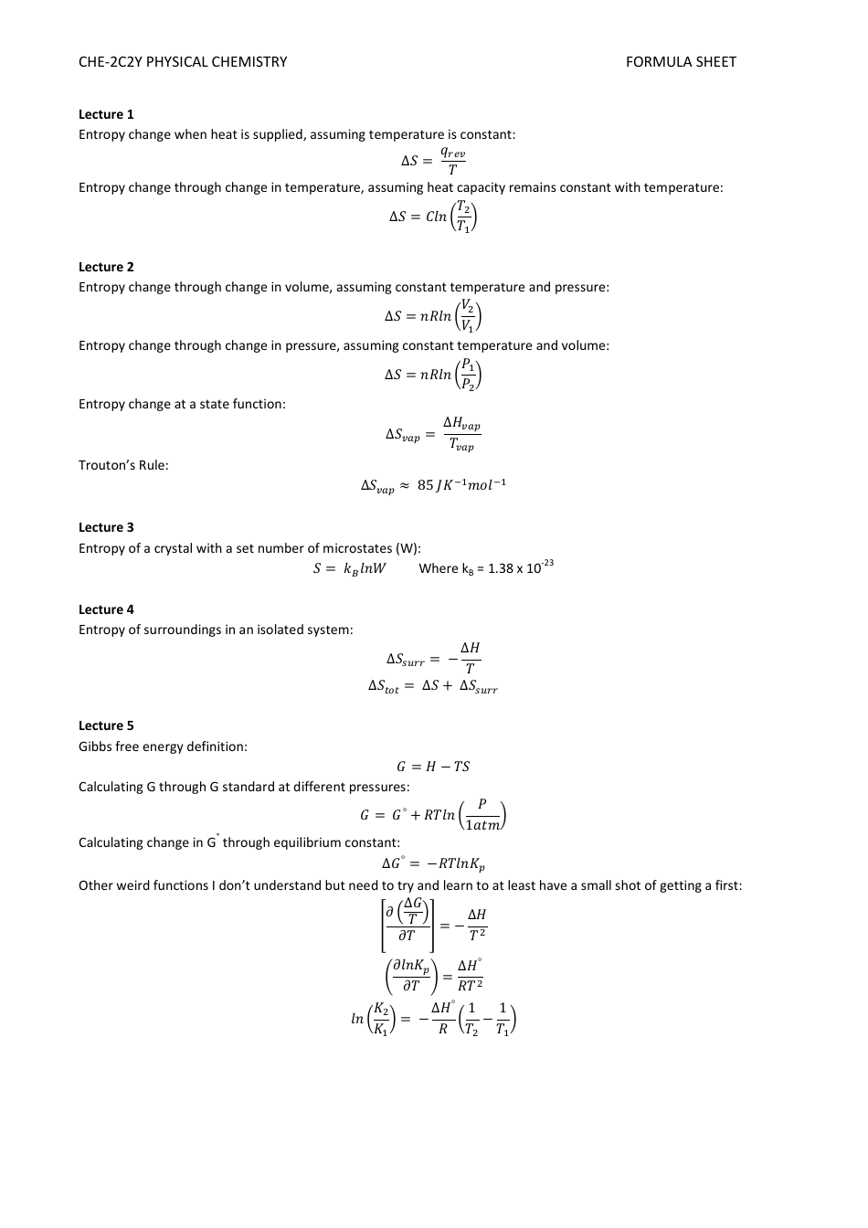 Physical Chemistry Formula Sheet Download Printable PDF | Templateroller