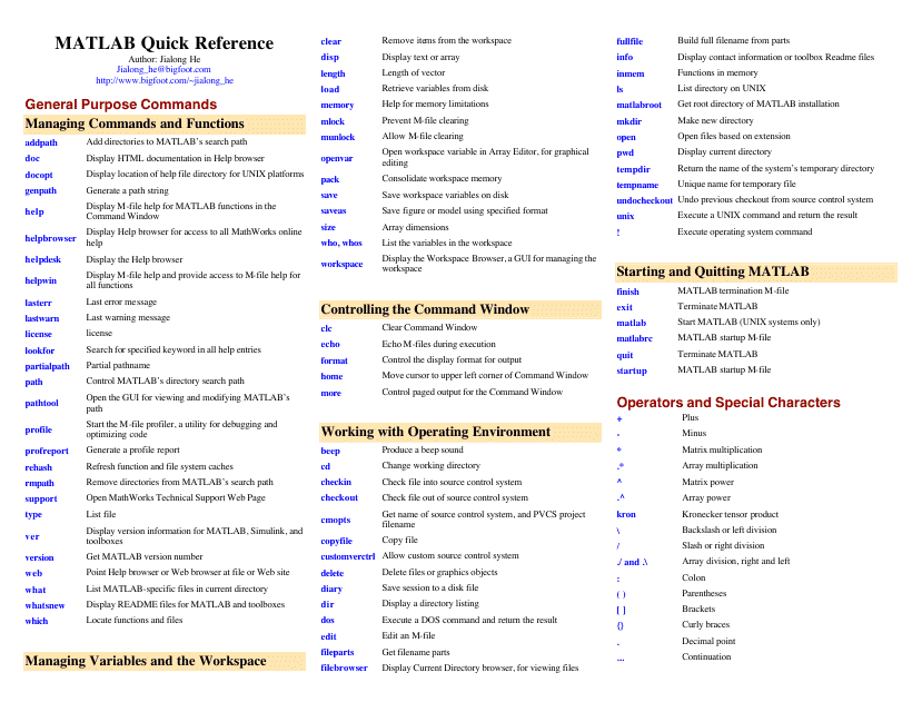 Matlab Quick Reference Sheet