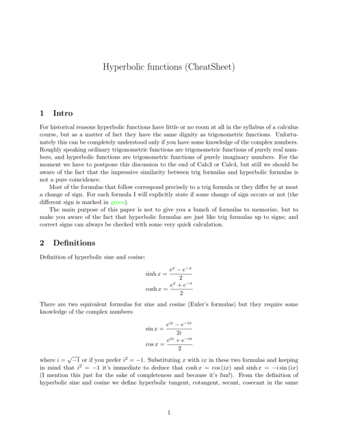 Hyperbolic Functions Cheat Sheet