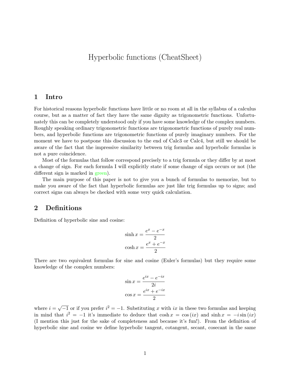 Hyperbolic Functions Cheat Sheet Download Printable PDF | Templateroller