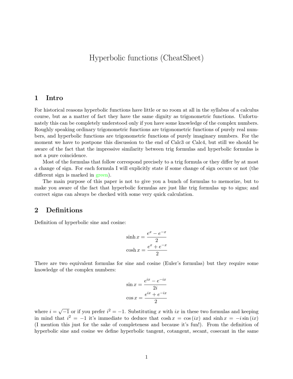 Hyperbolic Functions Cheat Sheet" image preview