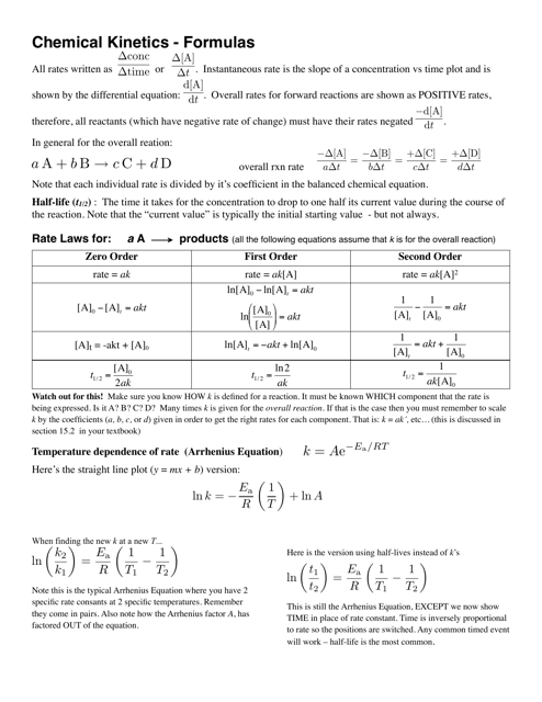 Chemical Kinetics Formulas Cheat Sheet - Preview Image