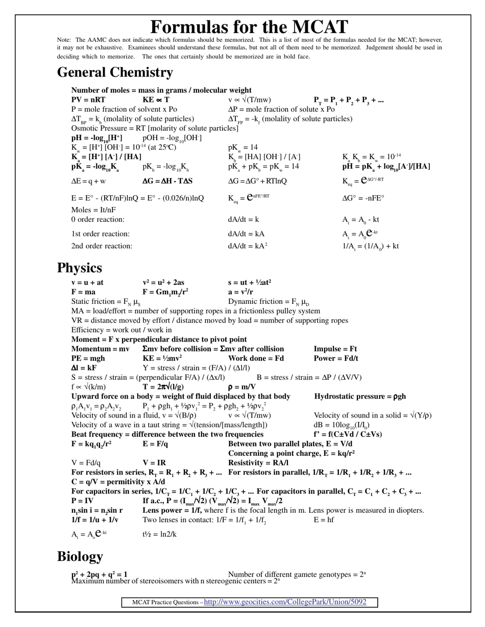 Mcat Formula Sheet Download Printable PDF Templateroller