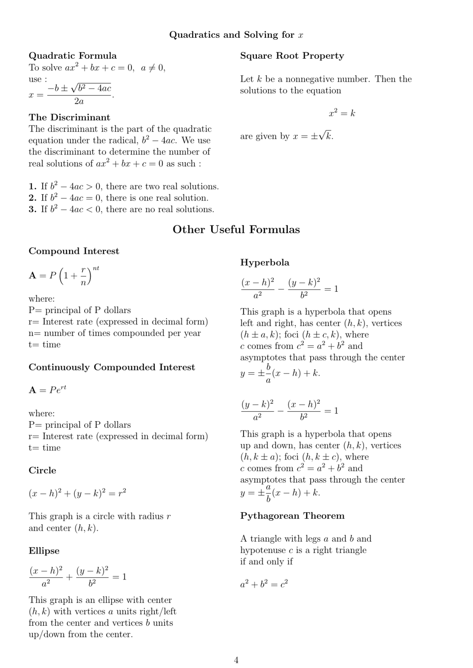 Algebraic Formula Cheat Sheet Download Printable PDF | Templateroller