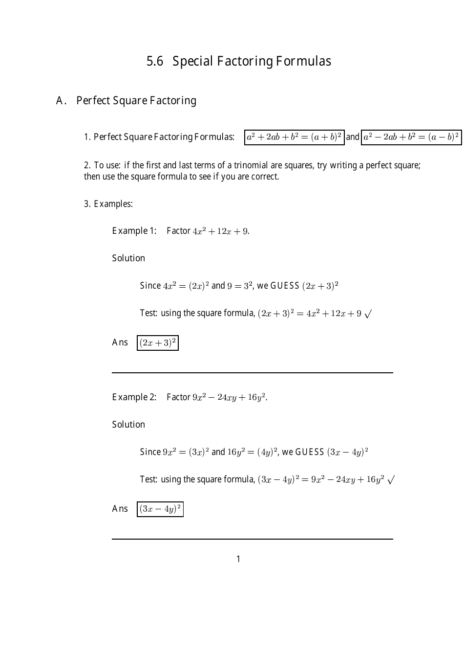 Special Factoring Formulas Sheet Download Printable Pdf Templateroller 5127