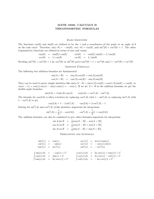 Math Calculus Cheat Sheet - Trigonometric Formulas