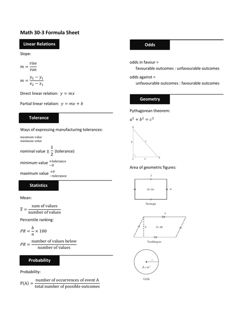 Math 30-3 Formula Sheet - Preview