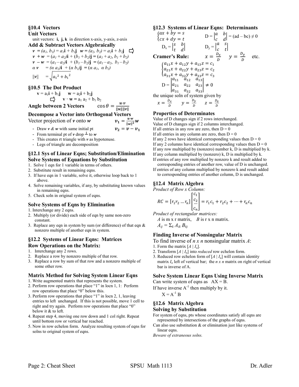 Spsu Math 1113 Precalculus Cheat Sheet Download Printable Pdf Templateroller 9629