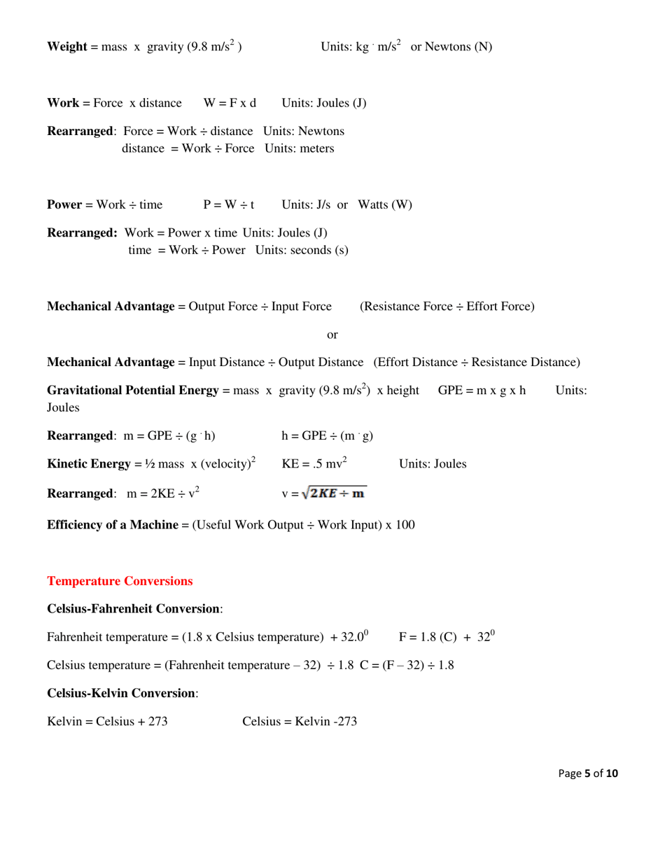 Physical Science Tables  Formulas Cheat Sheet, Page 5