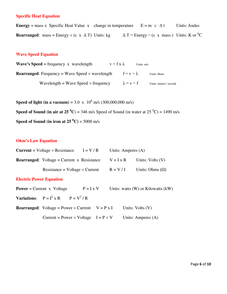 Physical Science Tables  Formulas Cheat Sheet, Page 6