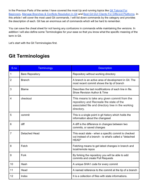 Git Commands and Terminology Cheat Sheet - Online Document Preview