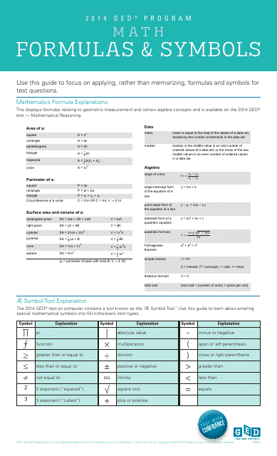 Ged Program Math Formulas & Symbols Sheet Preview Image
