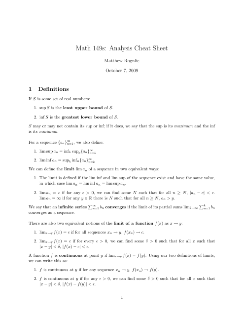 Math 149s Analysis Cheat Sheet Document Preview