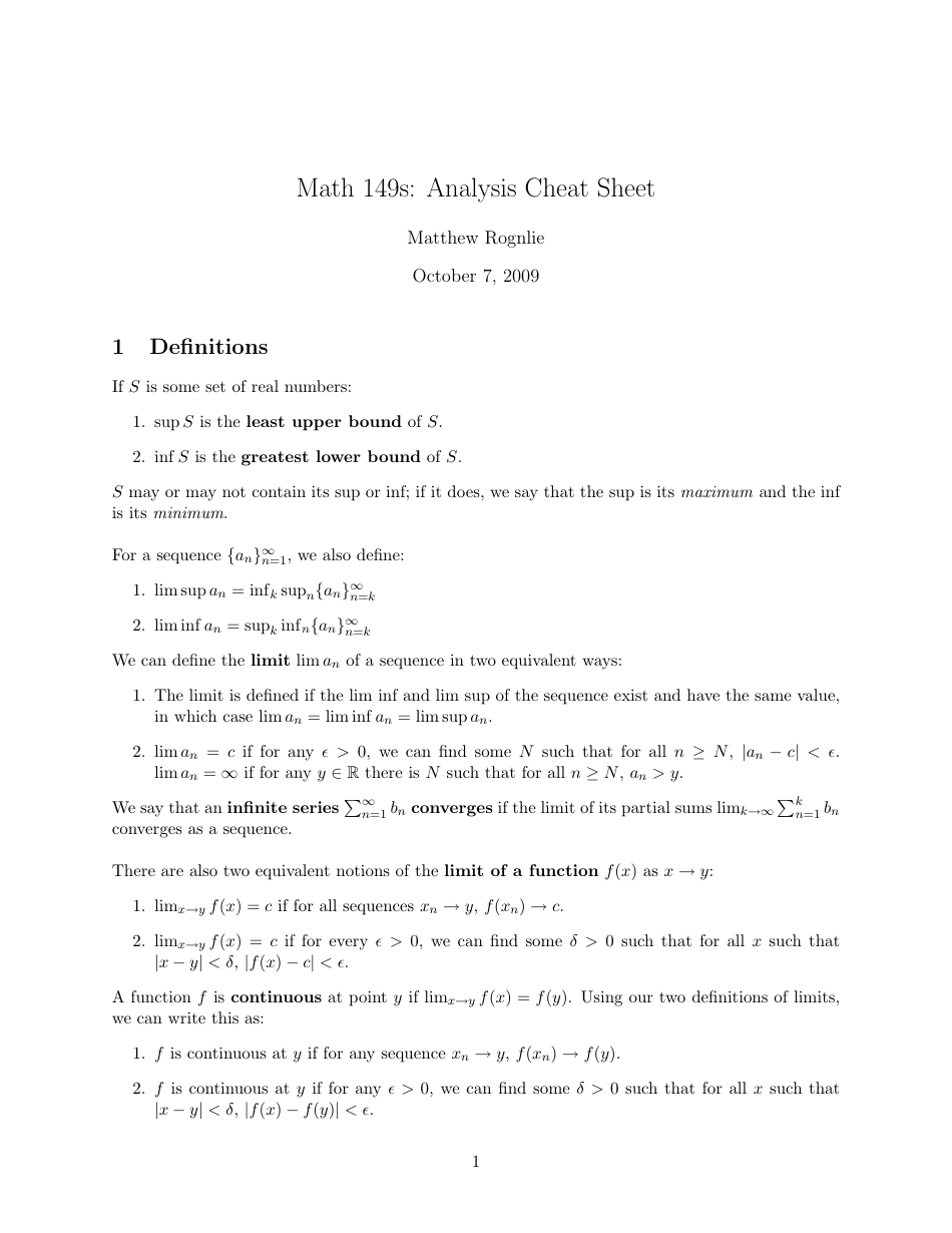 Math 149s Analysis Cheat Sheet Document Preview